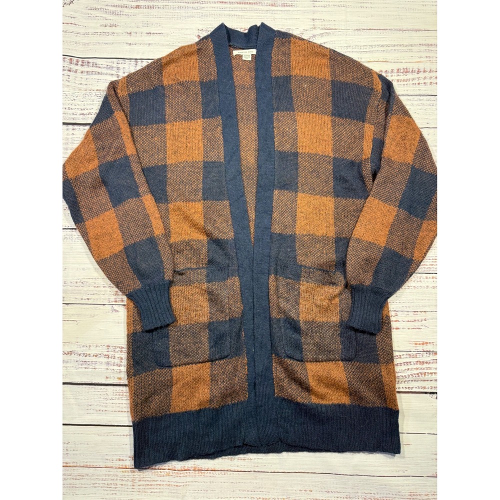 American Eagle Womens XS Buffalo Plaid Cardigan Sweater Navy Rust Longline